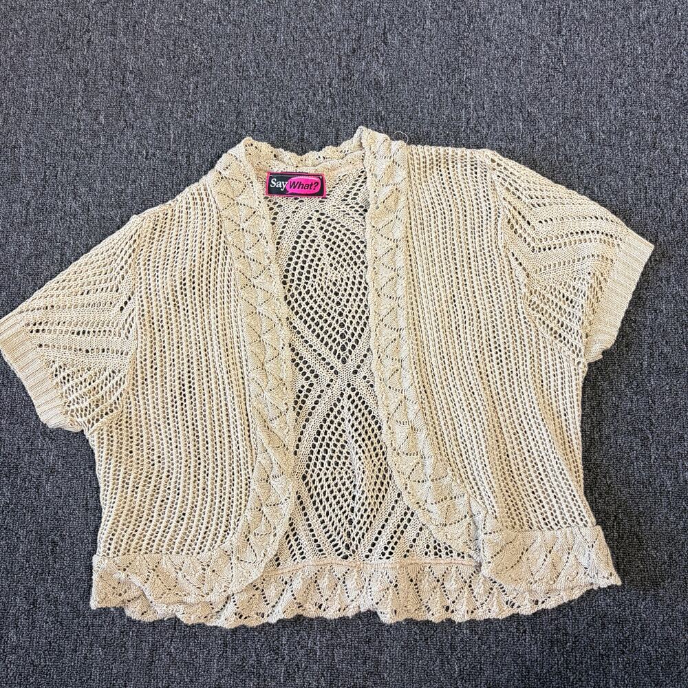 Vintage Y2k Crochet Knit Beige Short Sleeve Open Front Cardigan Top Women's S